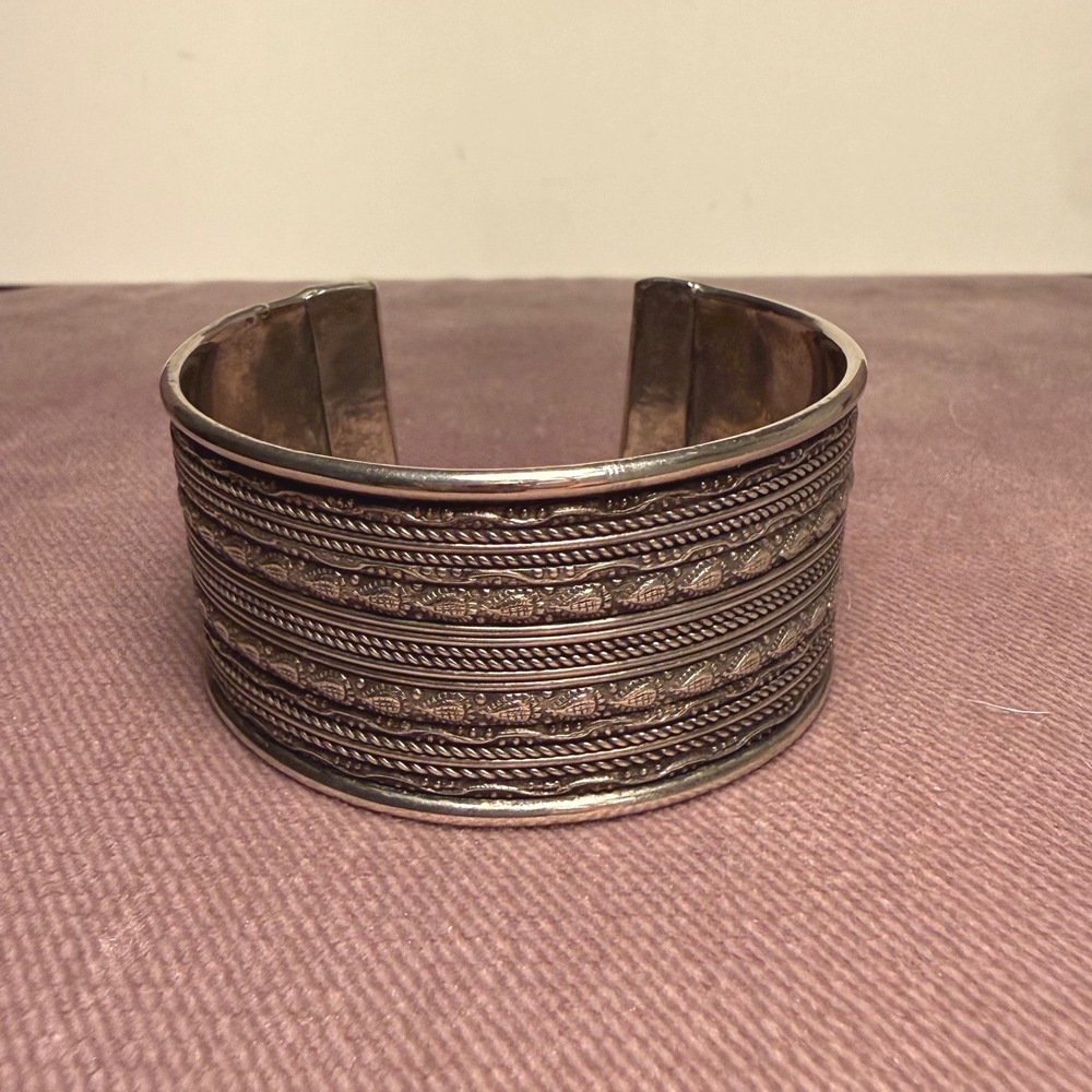 Vintage Wide Engraved Silver Tone Cuff Bracelet Tribal 80s 90s Statement Jewelry